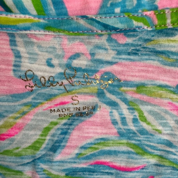Lilly Pulitzer Pink Blue Fish Print V-Neck Short Sleeve Tee Womens S Coastal - Picture 3 of 5